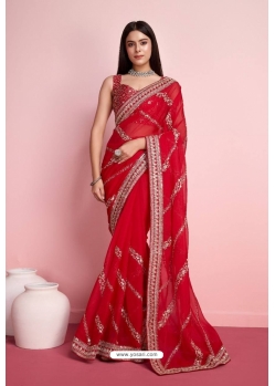 Red Tabby Silk Embroidery Sequence Worked Saree