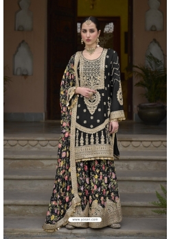 Black Heavy Chinon Embroidery Sequence Worked Palazzo Suit