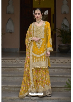 Mustard Heavy Chinon Embroidery Sequence Worked Palazzo Suit