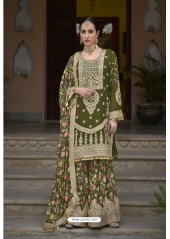 Mehendi Green Heavy Chinon Embroidery Sequence Worked Palazzo Suit
