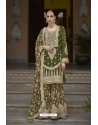 Mehendi Green Heavy Chinon Embroidery Sequence Worked Palazzo Suit