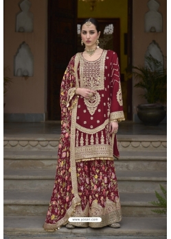 Maroon Heavy Chinon Embroidery Sequence Worked Palazzo Suit