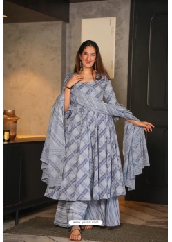 Grey Cotton Silk Readymade Anarkali Suit