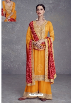 Yellow Real Chinnon Heavy Worked Palazzo Suit