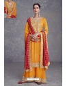 Yellow Real Chinnon Heavy Worked Palazzo Suit