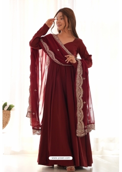 Maroon Heavy Pure Roman Silk Chanderi Readymade Anarkali Suit