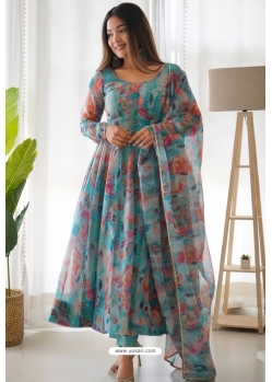 Sky Blue Readymade Heavy Pure Soft Tabby Organza Silk Anarkali Suit