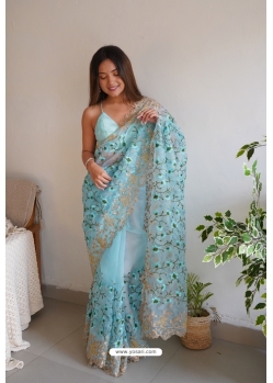 Sky Blue Organza Party Wear Saree