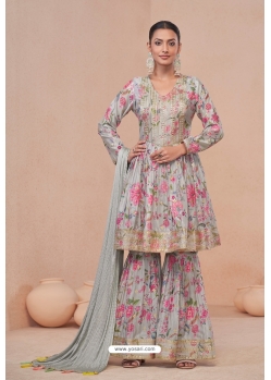 Grey Digital Printed And Embroidered Palazzo Suit