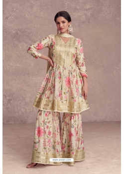 Cream Digital Printed And Embroidered Palazzo Suit