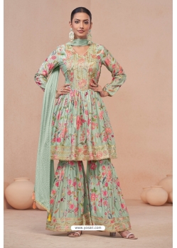 Sea Green Digital Printed And Embroidered Palazzo Suit