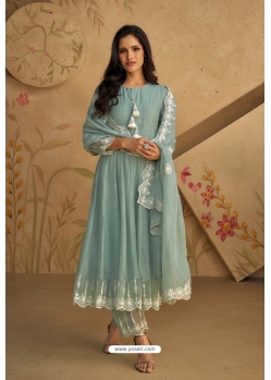 Grayish Green Trendy Pure Real Silk Designer Suit