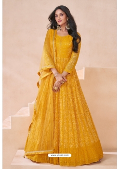 Yellow Designer Real Georgette Gown With Dupatta