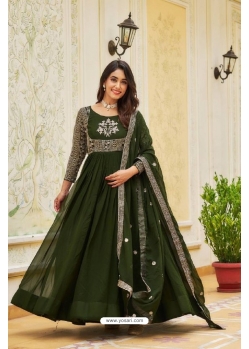 Trendy Mehendi Green Party Wear Readymade Gown With Dupatta