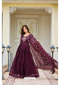 Wine Festive Wear Readymade Gown With Dupatta