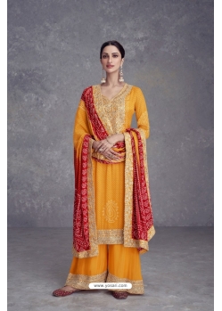 Mustard Heavy Chinon Silk Designer Pakitani Palazzo Suit