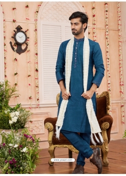 Teal Blue Art Banarasi Silk Kurta Pajama