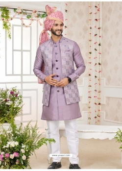 Mauve Art Banarasi Silk Designer Kurta Pajama With Jacket