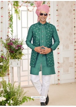 Green Art Banarasi Silk Designer Kurta Pajama With Jacket