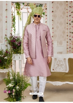 Dusty Pink Art Banarasi Silk Designer Kurta Pajama With Jacket