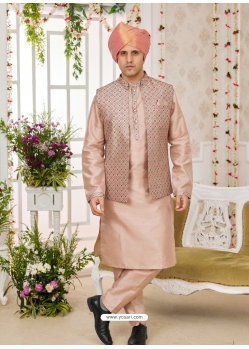 Light Brown Art Banarasi Silk Designer Kurta Pajama With Jacket