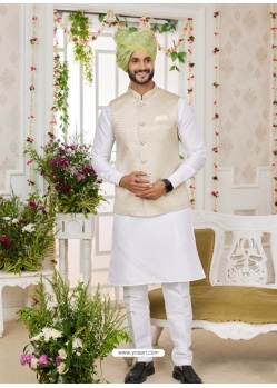 White Art Banarasi Silk Designer Kurta Pajama With Jacket