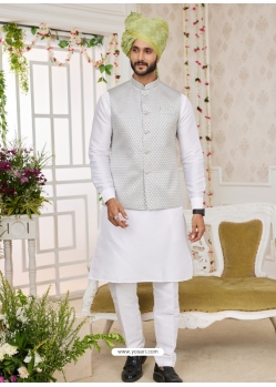 Decent White Designer Kurta Pajama With Jacket