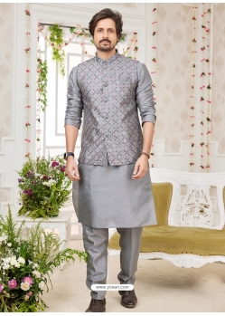 Grey Art Banarasi Silk Designer Kurta Pajama With Jacket