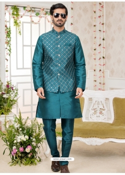 Teal Art Banarasi Silk Designer Kurta Pajama With Jacket