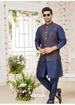 Blue Art Banarasi Silk Designer Kurta Pajama With Jacket