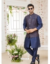 Blue Art Banarasi Silk Designer Kurta Pajama With Jacket