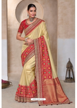 Cream And Red Pure Kanjivaram Designer Saree