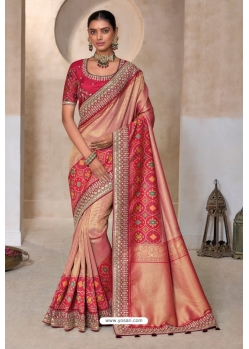 Peach And Red Pure Kanjivaram Designer Saree