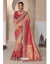 Peach And Red Pure Kanjivaram Designer Saree