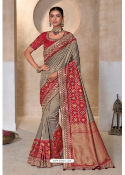 Grey And Red Pure Kanjivaram Designer Saree