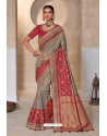 Grey And Red Pure Kanjivaram Designer Saree