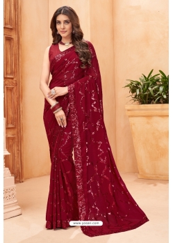 Maroon Faux Blooming Georgette Designer Party Wear Saree