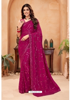 Wine Faux Blooming Georgette Designer Party Wear Saree