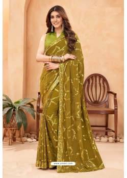 Mehendi Green Faux Blooming Georgette Designer Party Wear Saree