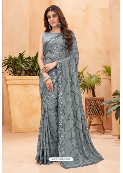 Grey Faux Blooming Georgette Designer Party Wear Saree