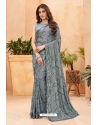 Grey Faux Blooming Georgette Designer Party Wear Saree