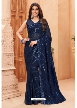 Navy Blue Faux Blooming Georgette Designer Party Wear Saree