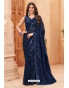 Navy Blue Faux Blooming Georgette Designer Party Wear Saree