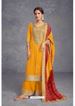 Stylish Yellow Heavy Chinon Silk Designer Suit