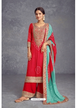 Pretty Red Heavy Chinon Silk Designer Suit