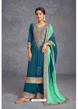 Trendy Teal Heavy Chinon Silk Designer Suit