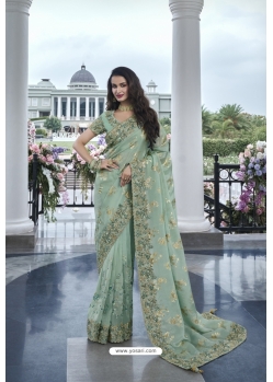 Aqua Mint Silk Designer Party Wear Saree