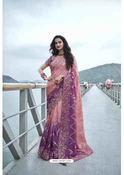 Peach And Purple Silk Designer Party Wear Saree