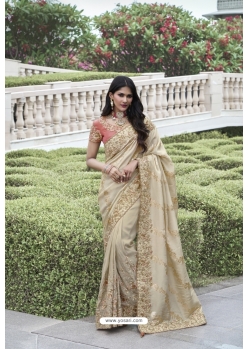 Cream Silk Designer Party Wear Saree