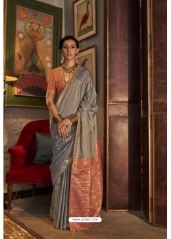 Grey Tussar Silk Traditional Party Wear Saree